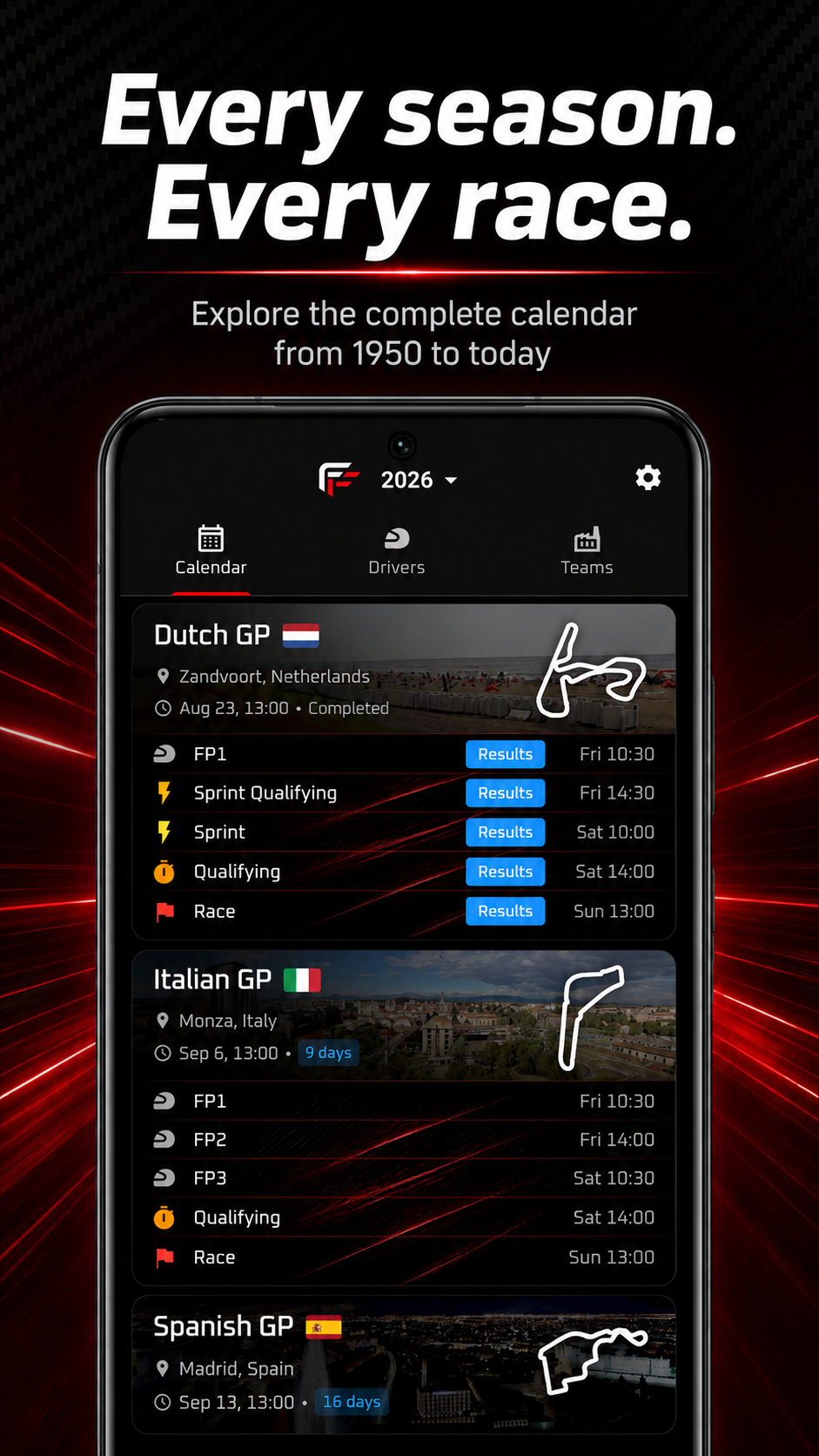 Calendar tab showing race weekend cards with circuit outlines, countdowns and session times