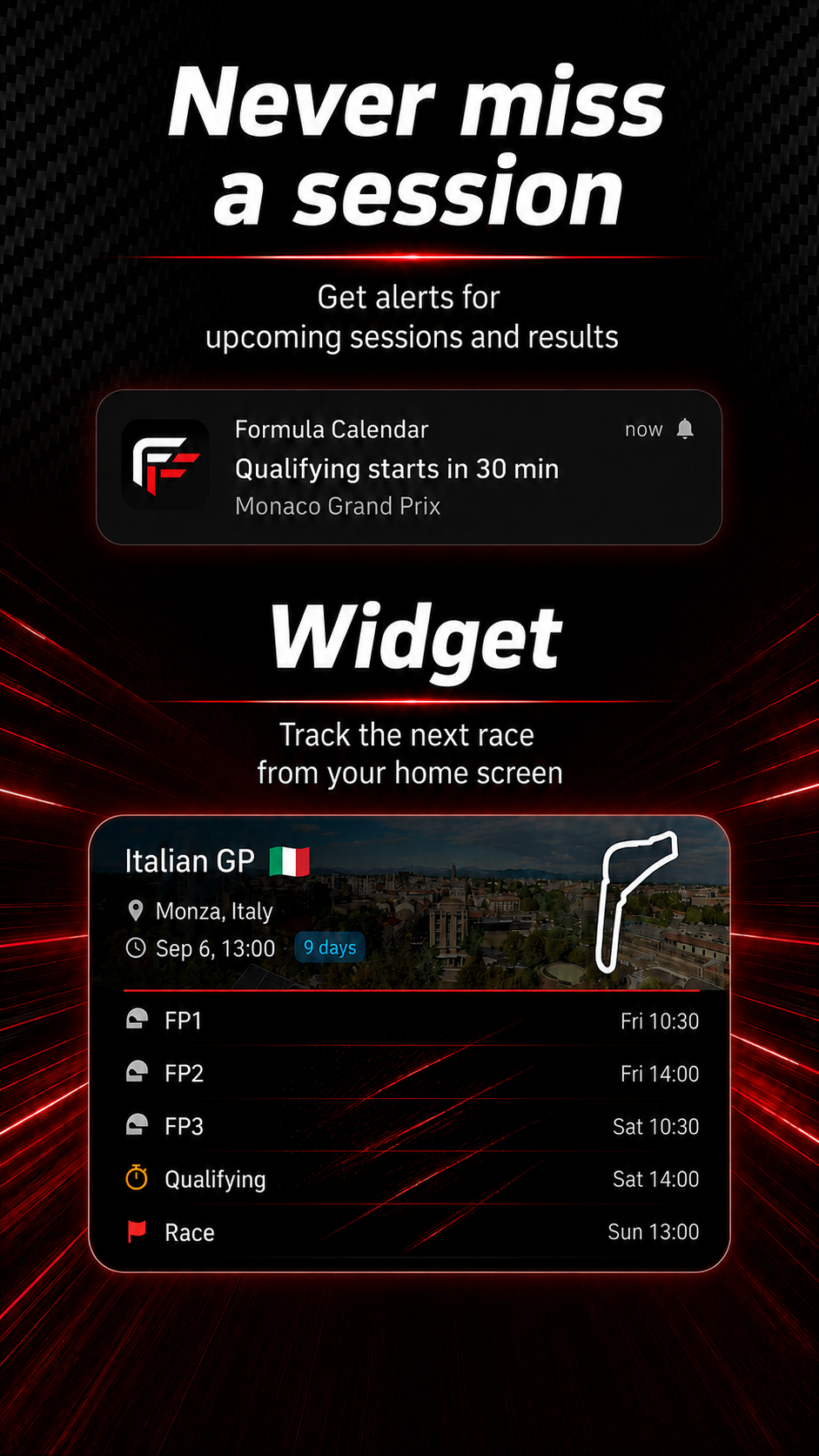 Home-screen widget and session reminder for an upcoming race weekend